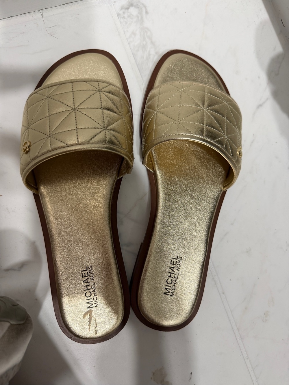 Michael Kors Gold Quilted Slide Sandals for Women size 8